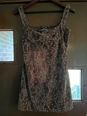 PrettyLittleThing Brown Metallic  Floral Tank Semi-Sheer Dress Small 6